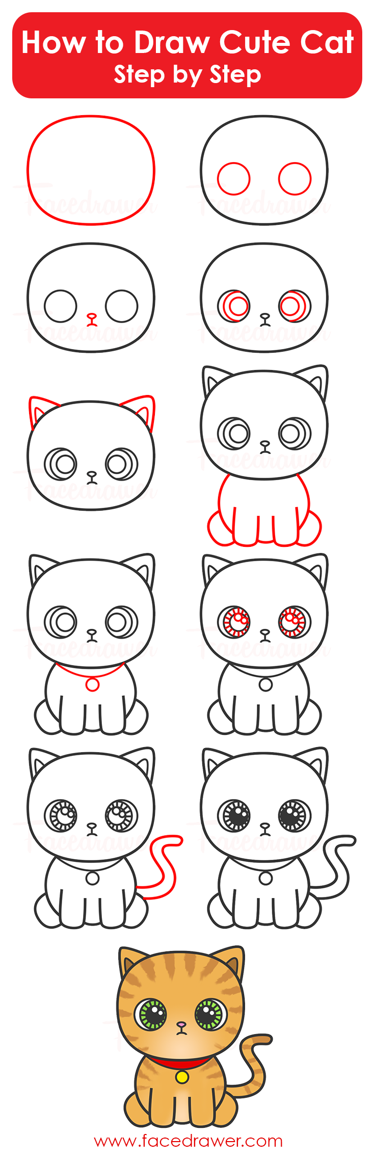 how to draw cute cat step by step infographic Facedrawer